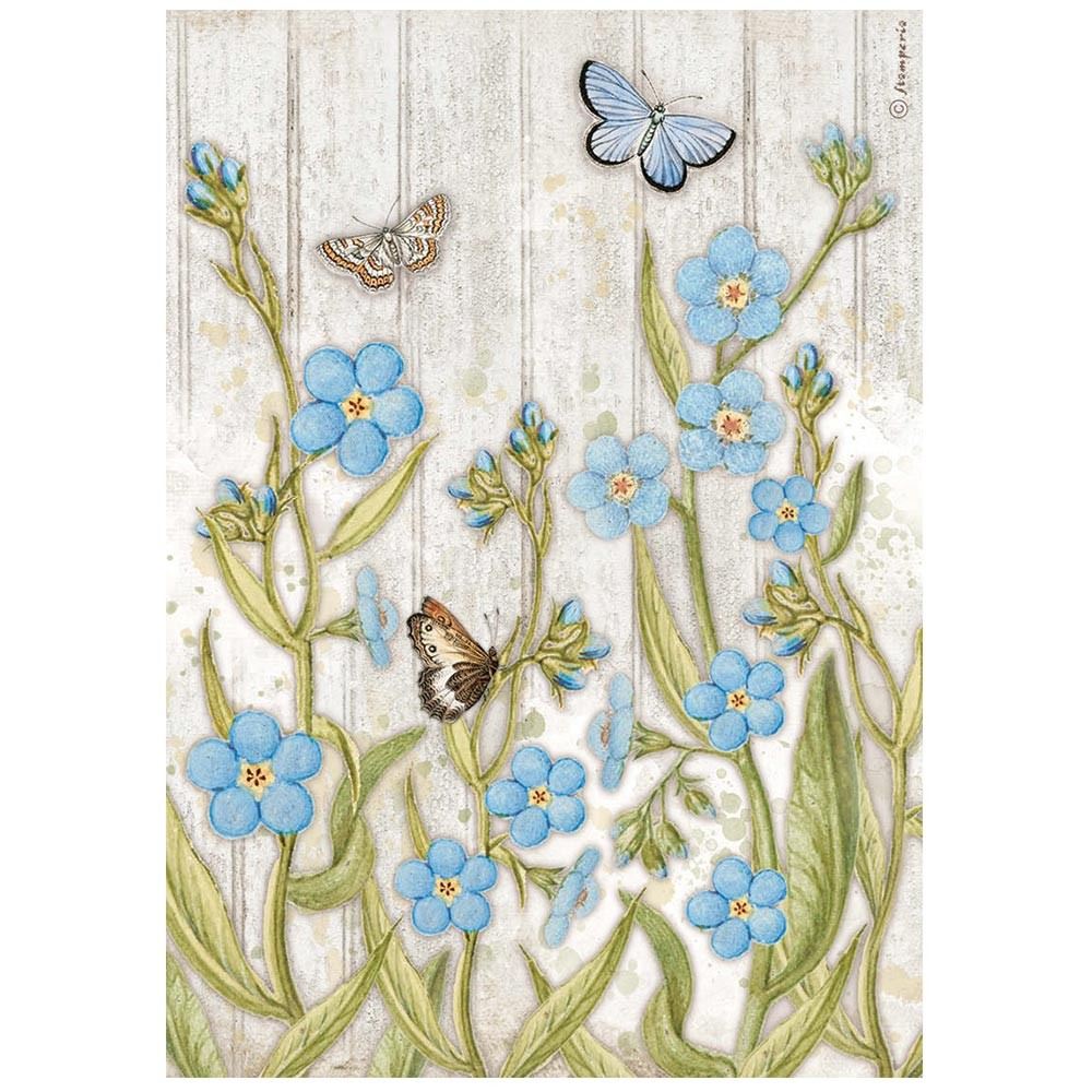 Carta di riso Romantic Garden House Fiori Blu e Farfalle