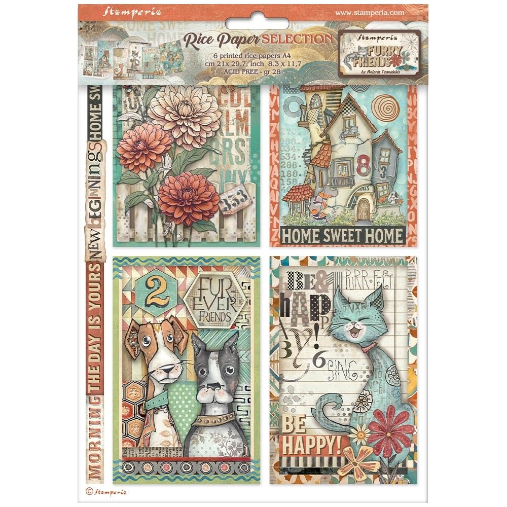 6 Carte di riso in A4 Furry Friends Stamperia