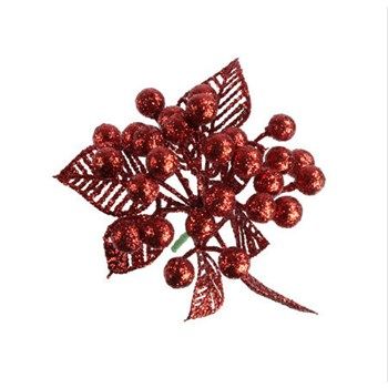 Bacche con foglie glitter Rosse