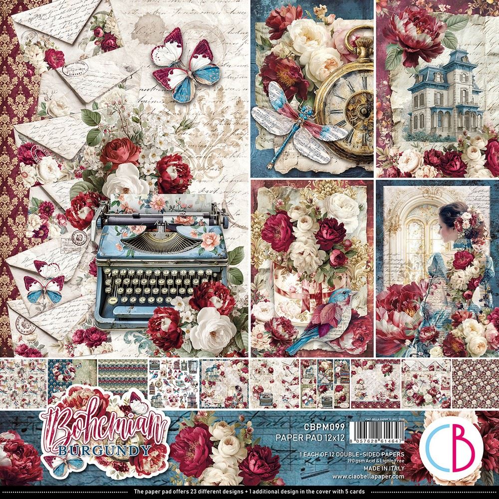 Blocco di Carte Scrap Bohemian Burgundy Paper Pad cm 30 x 30