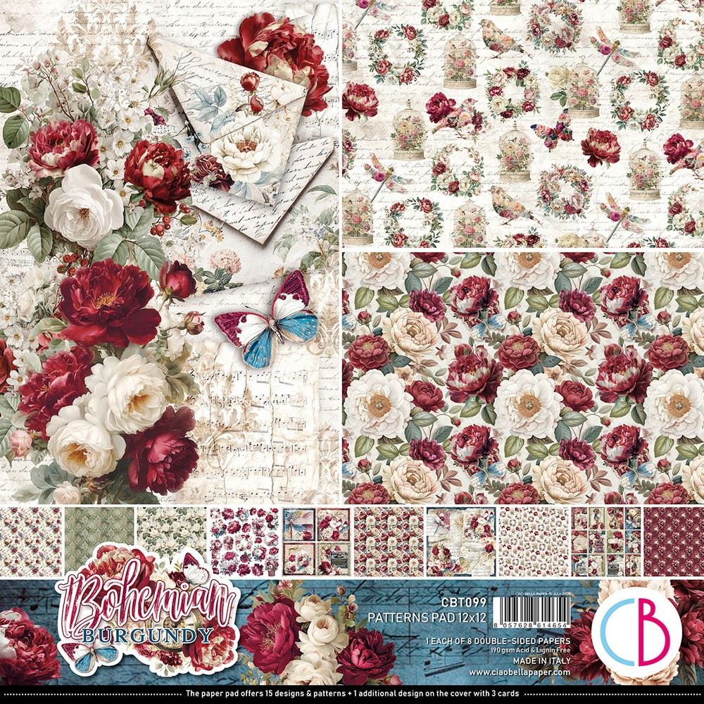 Blocco di Carte Scrap Bohemian Burgundy Patterns Pad cm 30 x 30