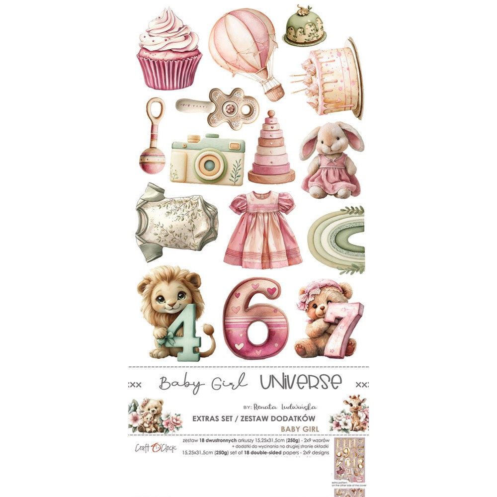 Blocco di carte scrap Baby Girl Universe Extras Set Baby Girl cm 15 x 31
