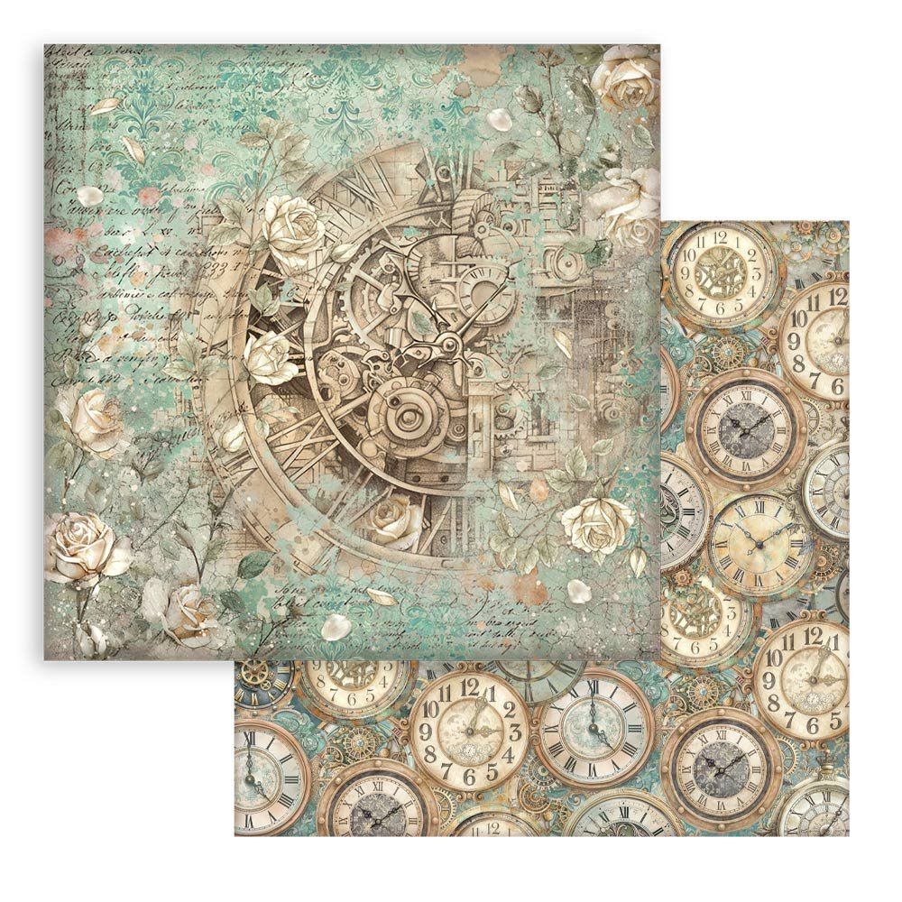 Carta Scrap Gardens of Time orologio e rose Stamperia