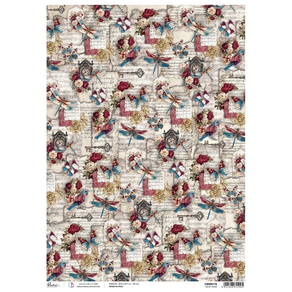 Carta di riso A3 Velvet wings Bohemian Burgundy