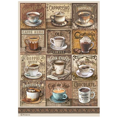 Carta di riso Coffee and Chocolate tags con tazzine Stamperia