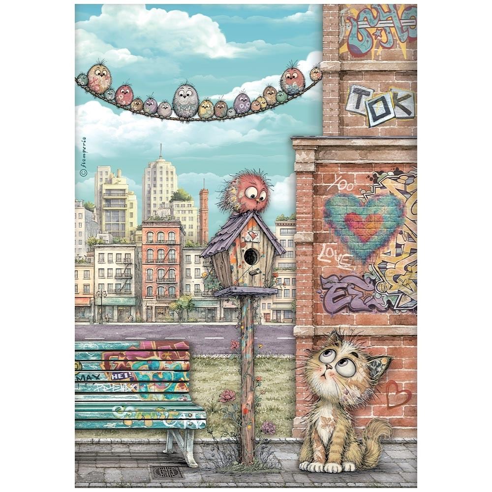 Carta di riso Furry Friends 2 nidi, gatto e uccellini Stamperia