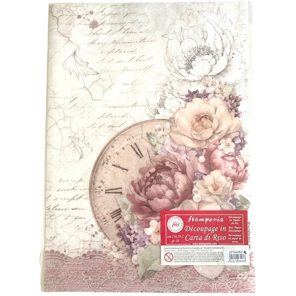 Carta di riso Romance Forever orologio fondo chiaro Stamperia