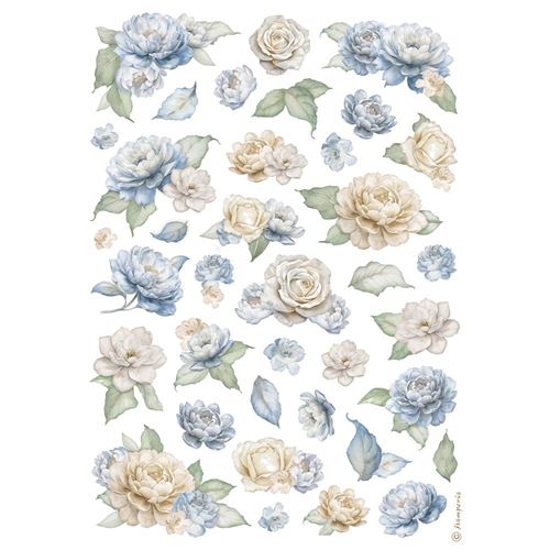 Carta di riso Timeless rose e fiori blu Stamperia