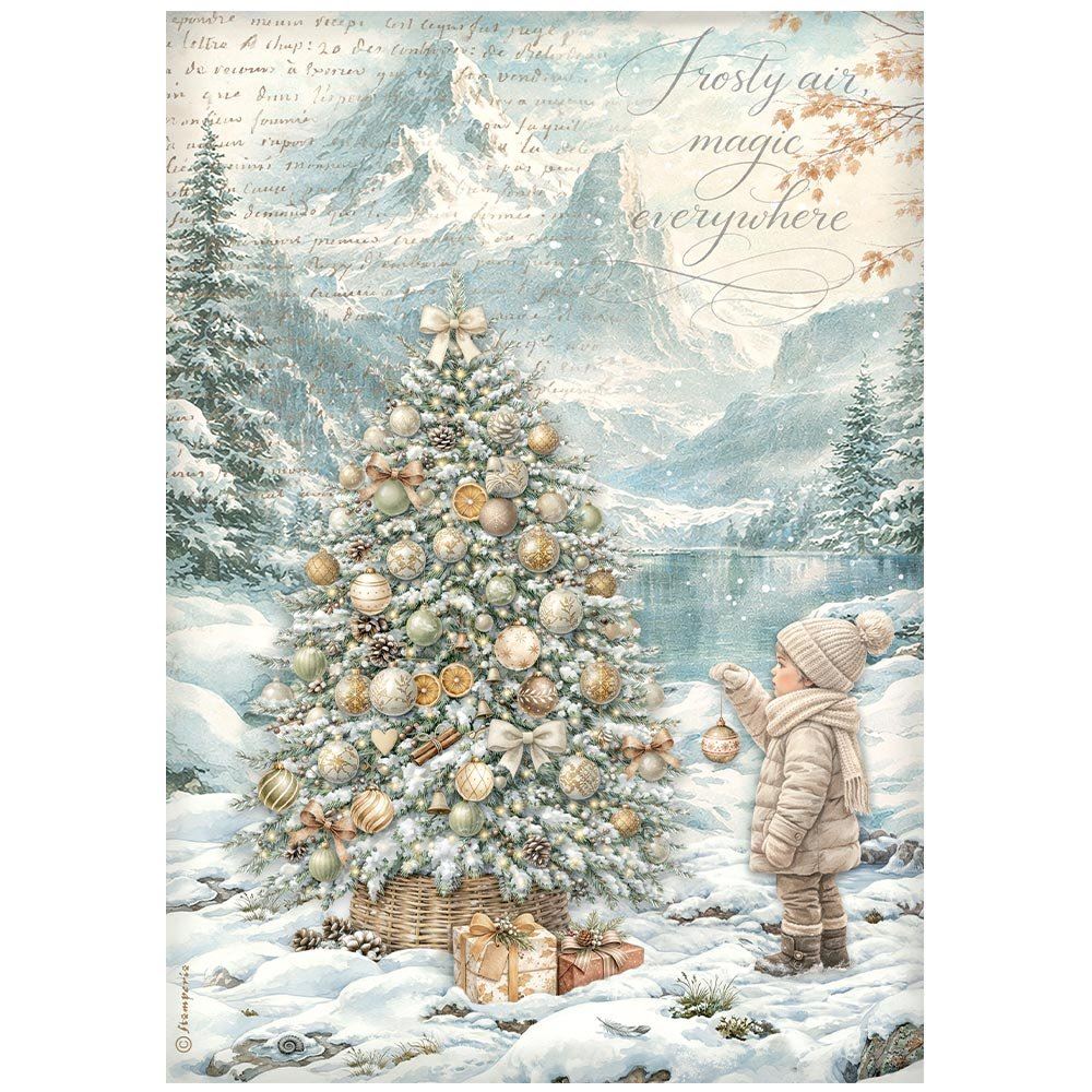 Carta di riso White Christmas albero di Natale al lago Stamperia