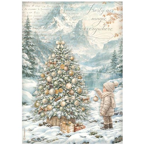 Carta di riso White Christmas albero di Natale al lago Stamperia
