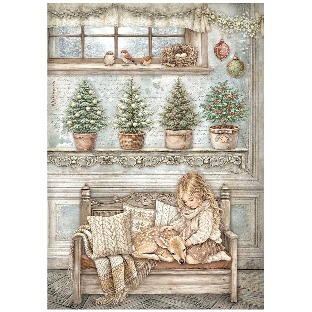 Carta di riso White Christmas bimba e cerbiatto Stamperia