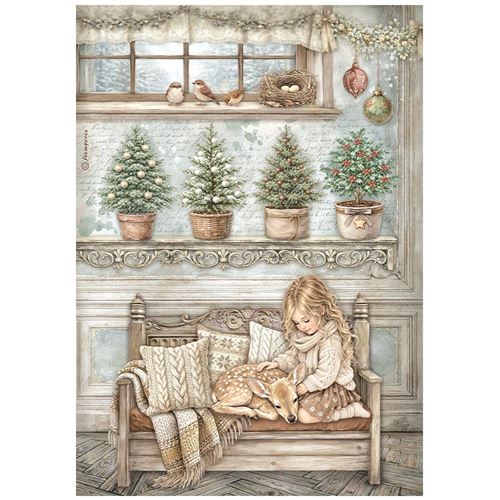 Carta di riso White Christmas bimba e cerbiatto Stamperia