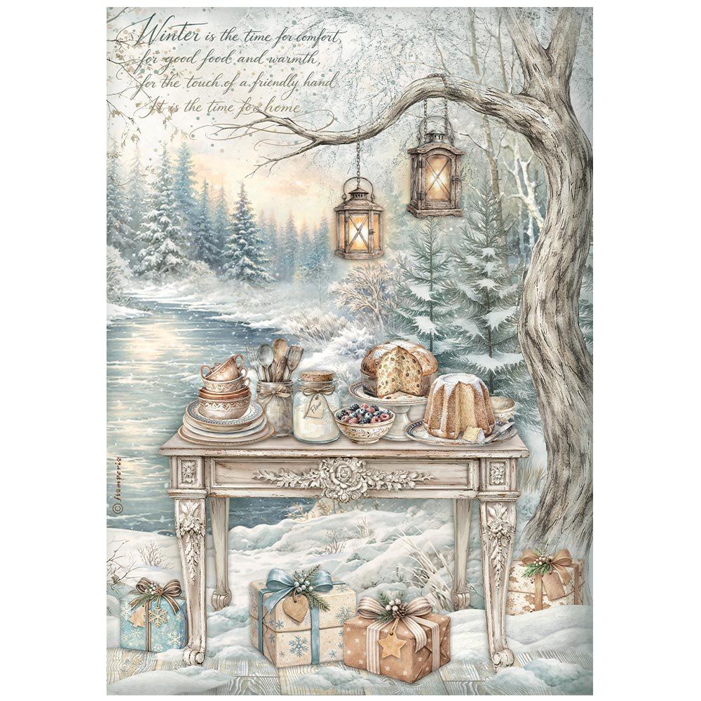 Carta di riso White Christmas tavola festosa al lago Stamperia