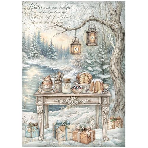 Carta di riso White Christmas tavola festosa al lago Stamperia