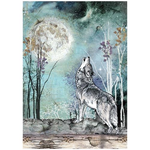 Carta di riso White Cosmos lupo e luna Stamperia