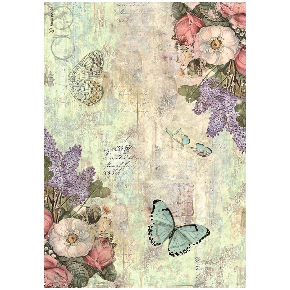 Carta di riso Wonderland fiori e farfalle Stamperia