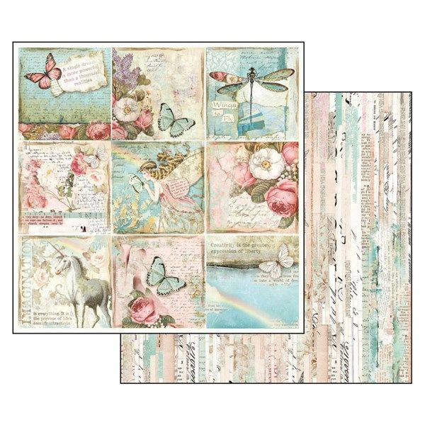 Carta scrap Wonderland biglietti farfalle e unicorno