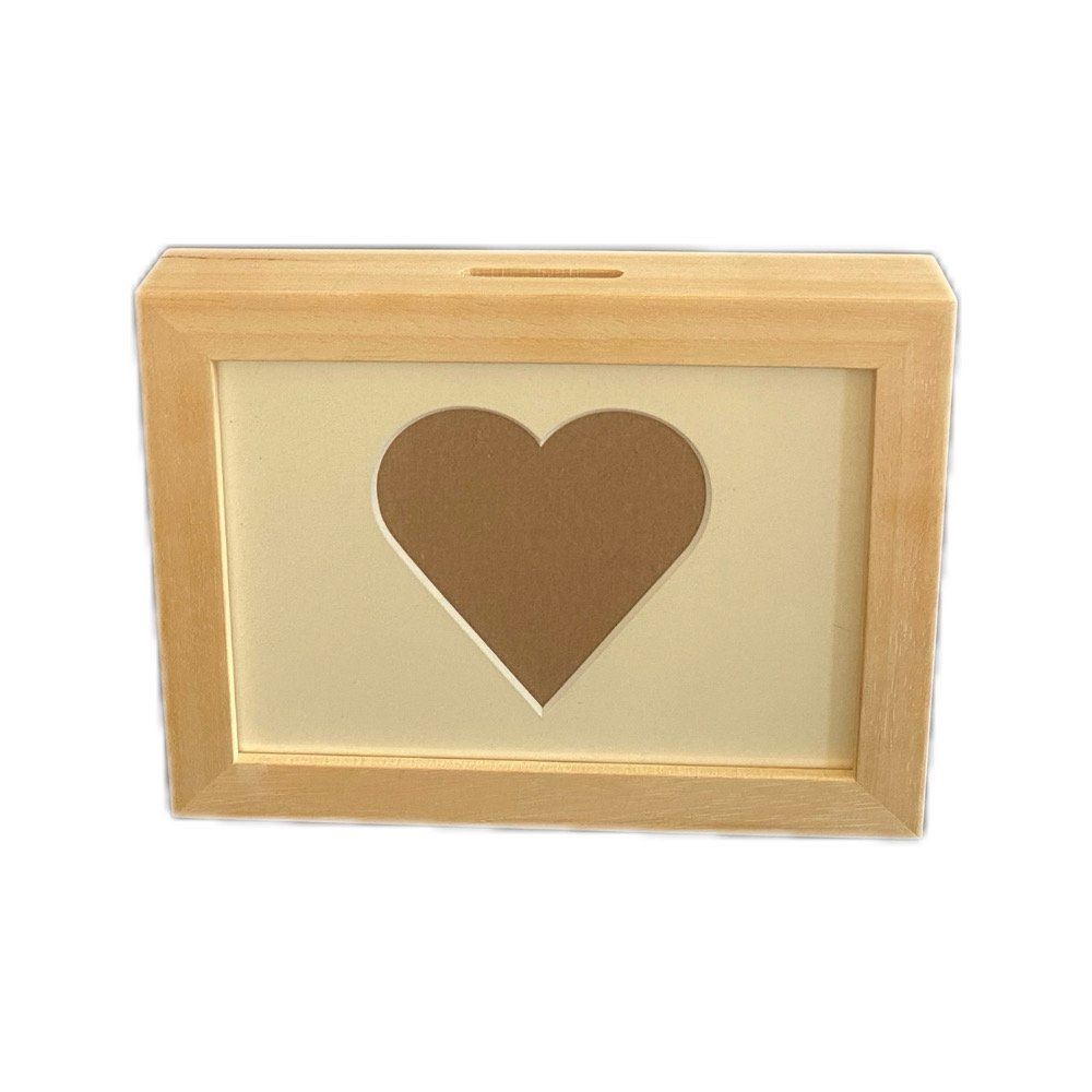 Cornice 3D in legno portafoto e salvadanaio con cuore
