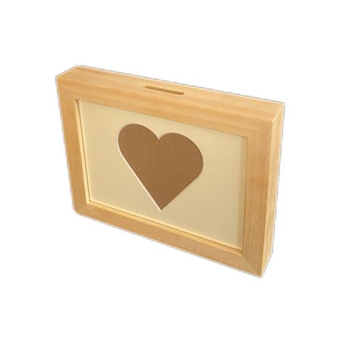 Cornice 3D in legno portafoto e salvadanaio con cuore