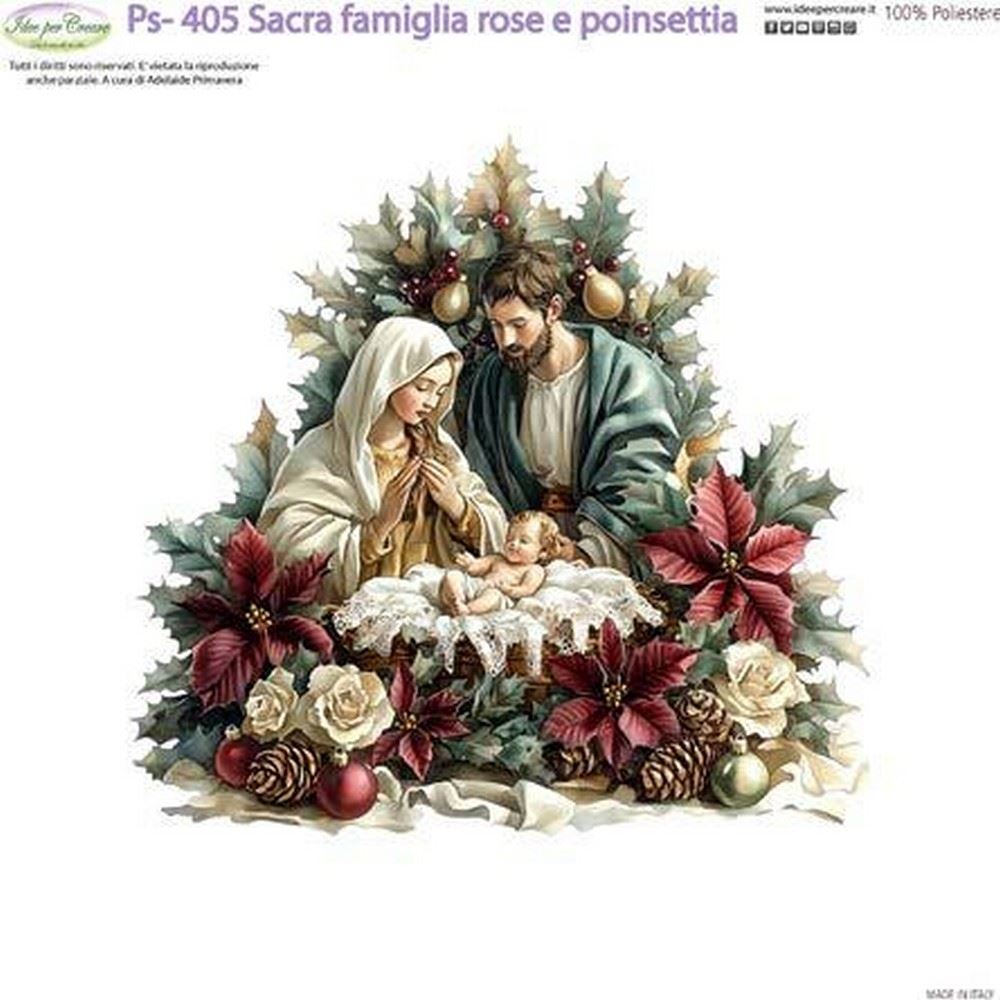 Pannolenci Stampato Sacra Famiglia rose e poinsettia