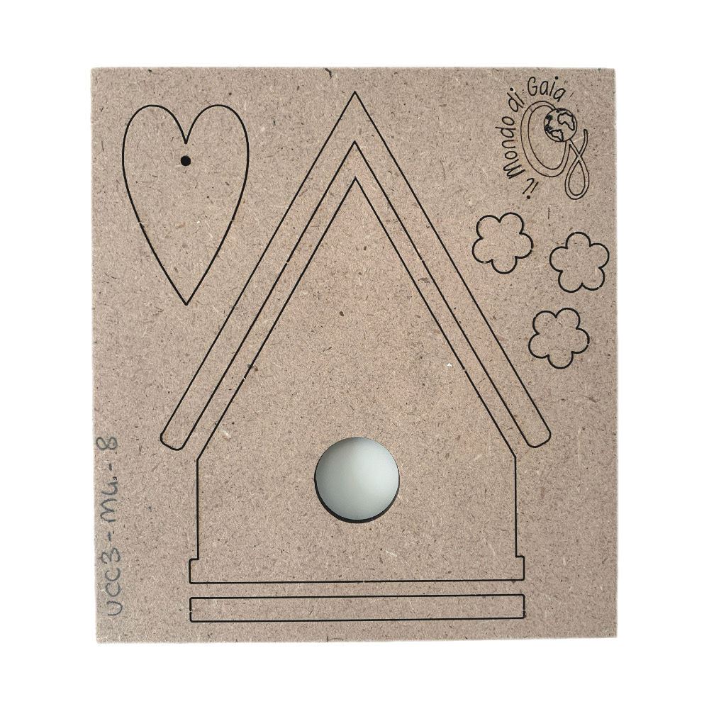 Sagoma Casetta uccellini con cuore e fiori MDF
