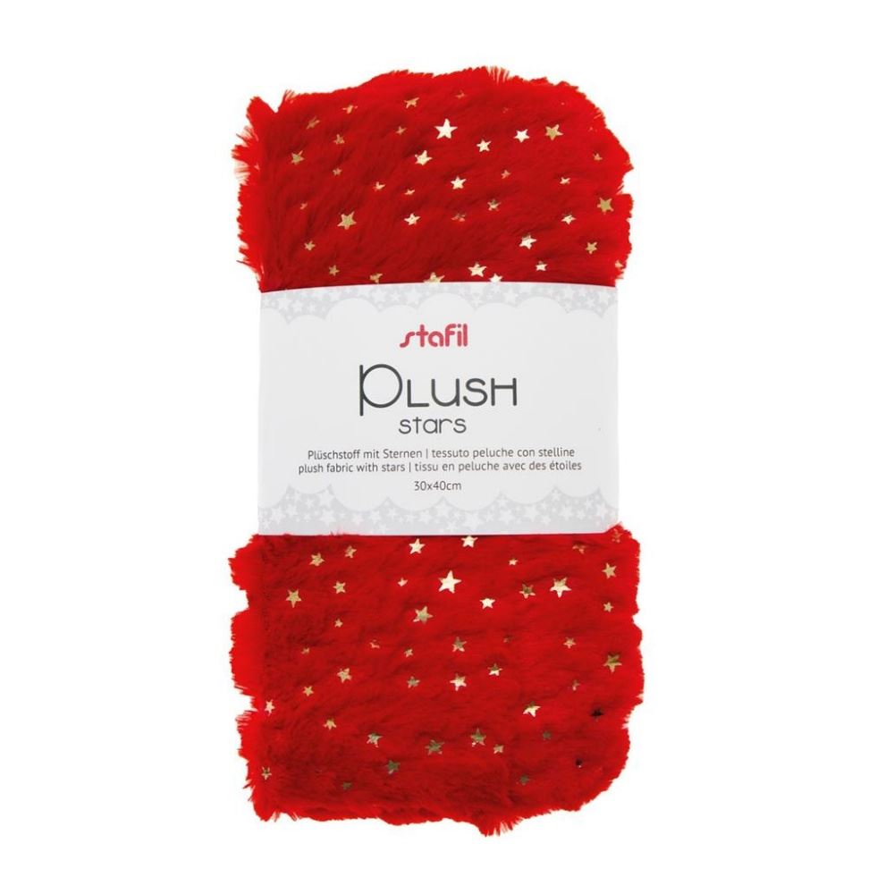 Tessuto Peluche Rosso con Stelline Oro Plush Stars