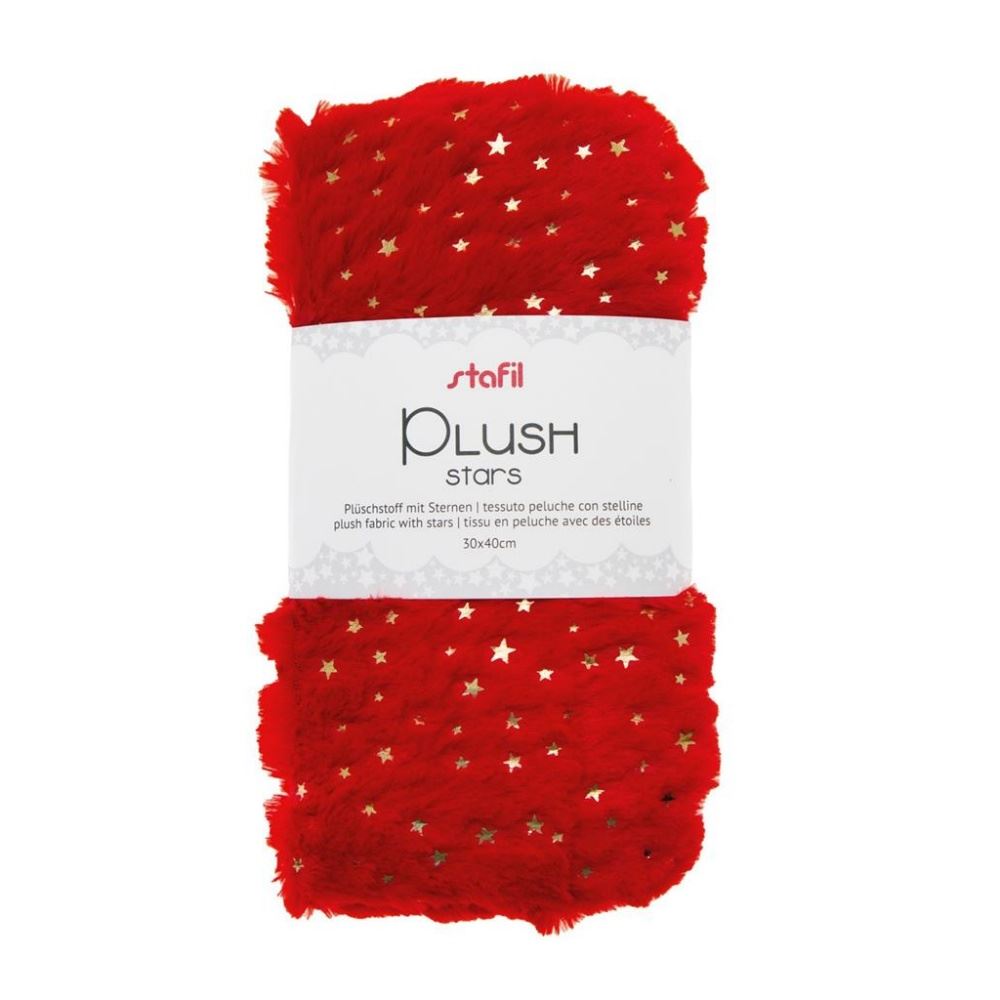 Tessuto Peluche Rosso con Stelline Oro