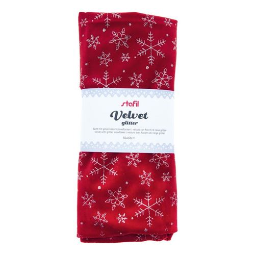 Tessuto Velluto Rosso con Fiocchi di neve Glitter