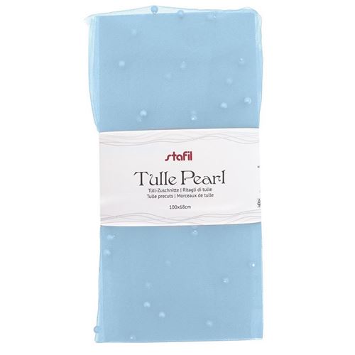 Tessuto Tulle mano seta ricamato con paillettes e con perline motivo floreale celeste Tessuto Tulle mano seta ricamato con paillettes e con perline motivo floreale celeste
